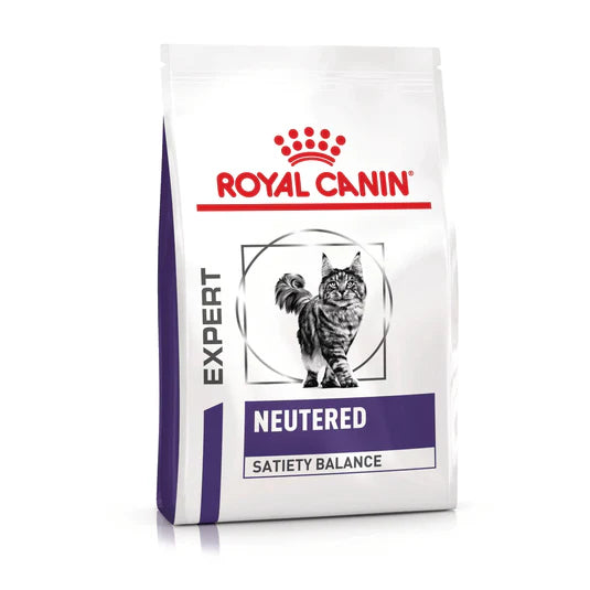 Sac de croquettes Royal Canin Neutered Satiety Balance pour chat stérilisé, avec un chat tigré gris en photo